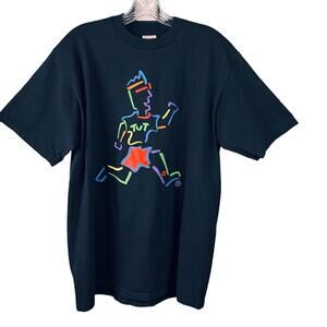 Jerzees TUT Running Man Graphic Meaning Of Life Black1990's T-Shirt L